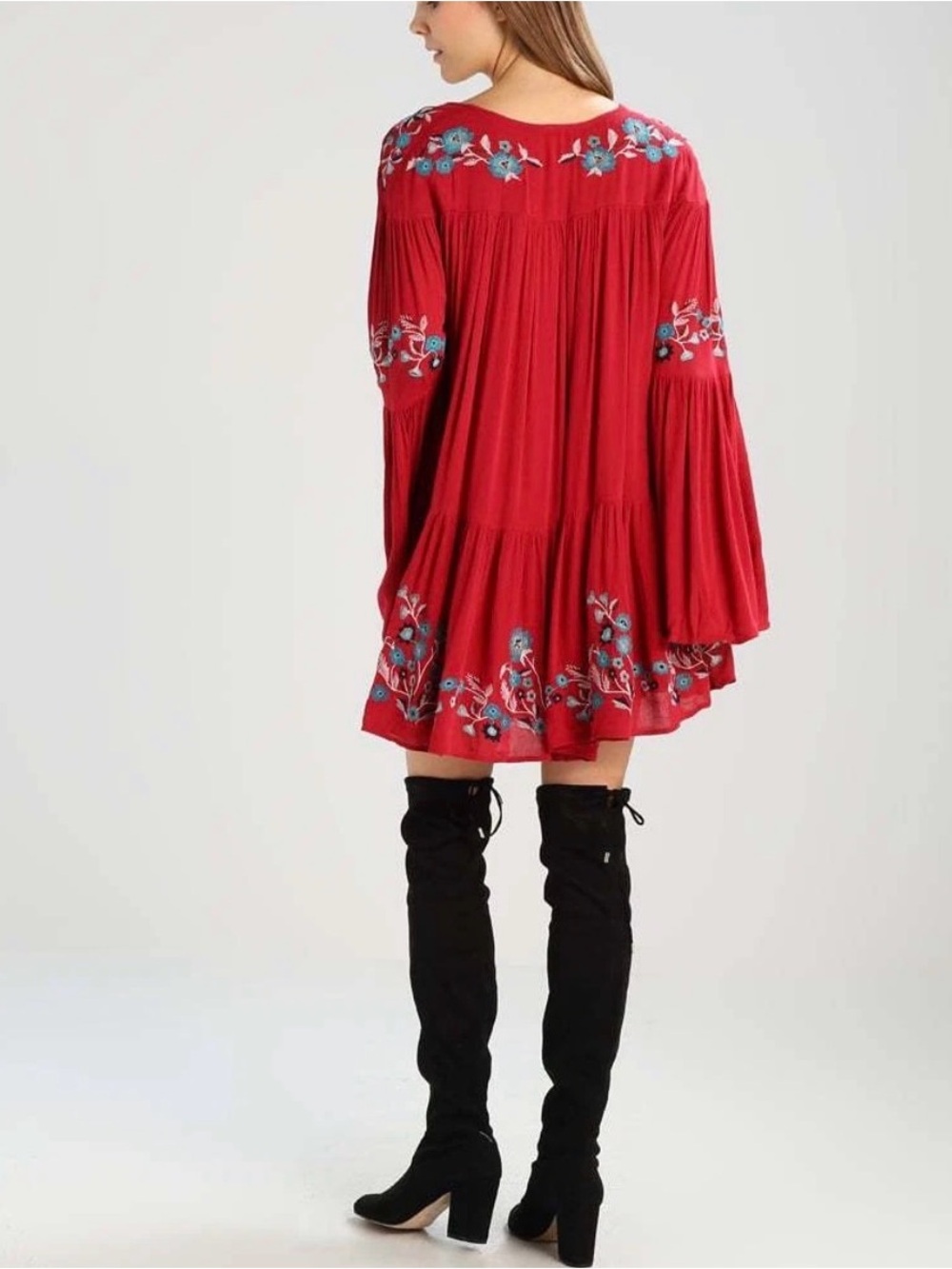 Free People So In Love Embroidered Bell Sleeve Tunic Mini Dress Red S/P - Picture 2 of 8